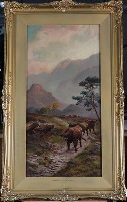 Lot 1074 - Henry Robinson Hall (1857-1927) ''Highland Cattle beneath the crags of the 'autt Maen',...