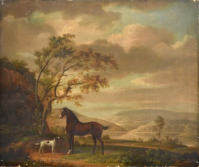 Lot 1081 - Circle of Sawrey Gilpin (1733-1807) Bay horse and Spaniel standing in an extensive Lakeland...