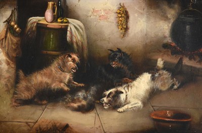 Lot 1103 - George Armfield (1808-1893)  ''The Hot ****- too hot'' - Terriers beside a fireside in a...