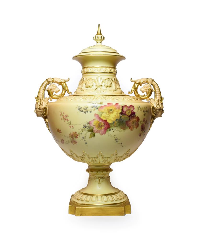 Lot 1 - A Royal Worcester Porcelain Twin-Handled Vase and Cover, 1894, of urn shape with scroll handles and