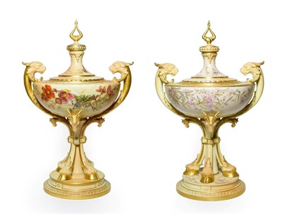 Lot 2 - A Pair of Royal Worcester Porcelain Vases and Covers, 1892/1893, of urn shape with mythical...