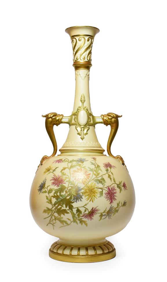 Lot 3 - A Royal Worcester Porcelain Bottle Vase, 1869, with mythical beast handles and strapwork bands,...