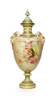 Lot 5 - A Royal Worcester Porcelain Vase and Cover, 1897, the twin mask handles hung with swags,...