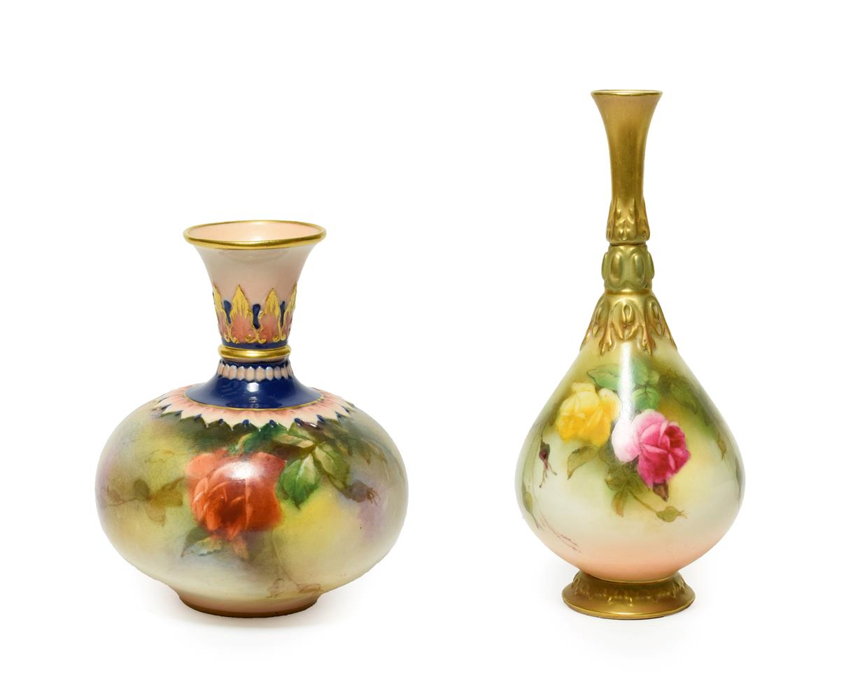 Lot 14 - A Royal Worcester Hadley Ware Porcelain Bottle Vase, of ovoid form, painted with rose sprays...