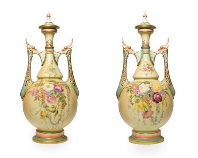 Lot 17 - A Pair of Royal Worcester Porcelain Vases and Covers, circa 1905, of baluster form with pierced...