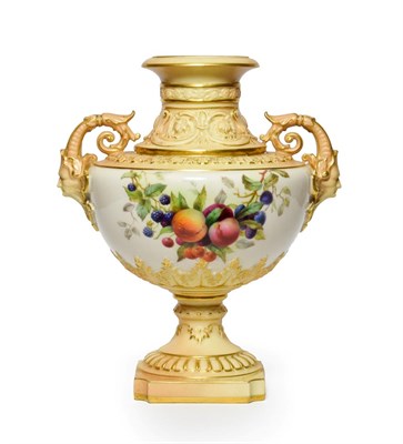 Lot 21 - A Royal Worcester Porcelain Vase, 1904, of urn form with mask and scroll handles, painted with...
