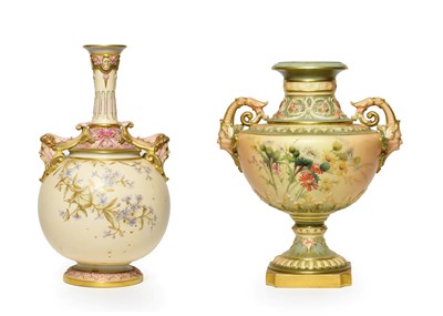 Lot 22 - A Royal Worcester Porcelain Vase, 1898, of urn shape with scroll and mask handles, painted with...