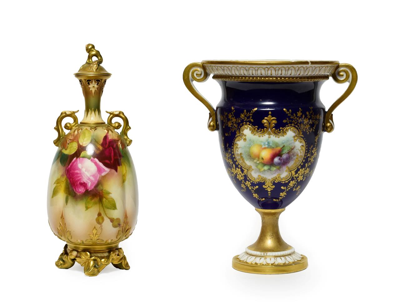 Lot 25 - A Royal Worcester Porcelain Vase and Cover, circa 1905, of fluted baluster form with scroll handles