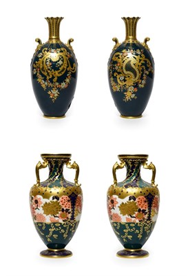 Lot 37 - A Pair of Royal Crown Derby Porcelain Vases, 1895, of baluster form with three scroll handles,...