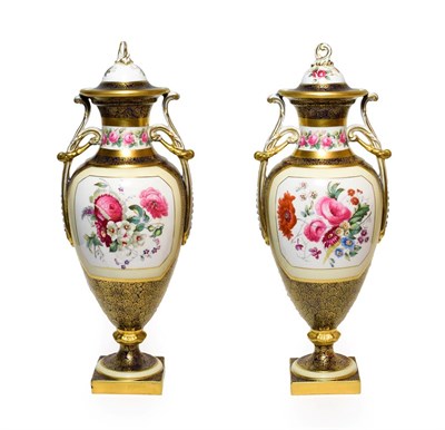 Lot 40 - A Pair of Copeland Porcelain Vases and Covers, circa 1910, of urn shape with twin scroll...