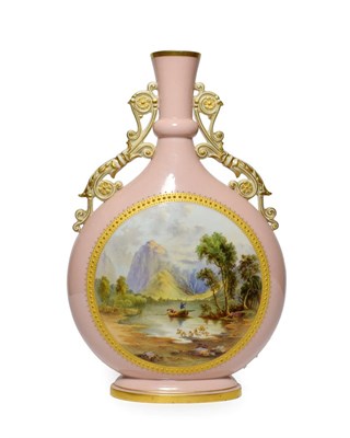 Lot 43 - A Graingers Worcester Porcelain Moon Flask, circa 1880, with scroll handles, painted with a...