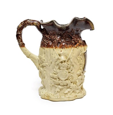 Lot 46 - A White Metal Mounted Saltglaze Stoneware Yeovil Riot Jug, circa 1831, moulded with the Royal arms