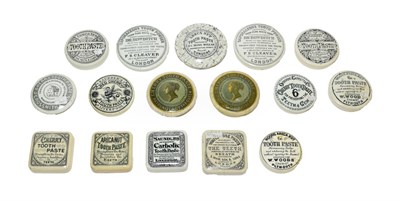 Lot 51 - A Collection of Sixteen Various Toothpaste Pot Lids, 19th century, with printed labels,...