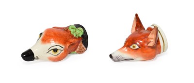 Lot 60 - A Staffordshire Pottery Fox Mask Stirrup Cup, mid 19th century, naturalistically modelled and...