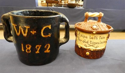 Lot 65 - A Slipware Frog Loving Cup, dated 1872, of cylindrical form with twin strap handles and...