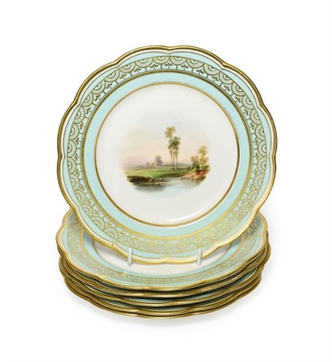 Lot 66 - A Set of Six Staffordshire Porcelain Dessert Plates, circa 1870, painted with river landscapes...
