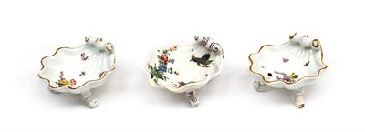 Lot 78 - A Pair of Meissen Porcelain Shell Shaped Salts, circa 1755, on scroll feet, painted with...