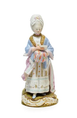 Lot 83 - A Meissen Porcelain Figure of the Racegoer's Companion, circa 1900, standing wearing a lace-trimmed
