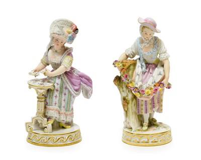 Lot 84 - A Meissen Porcelain Figure of a Lady, circa 1900, standing wearing a lace-trimmed hat and dress...