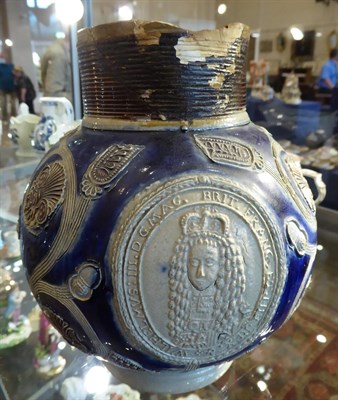 Lot 89 - A Westerwald Saltglaze Stoneware William III Commemorative Mug, circa 1700, of ovoid form,...