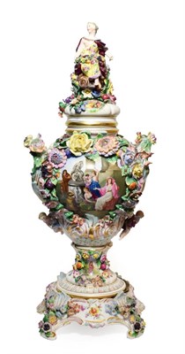 Lot 97 - A Dresden Porcelain Flower Encrusted Vase, Cover and Stand, late 19th/early 20th century, of...