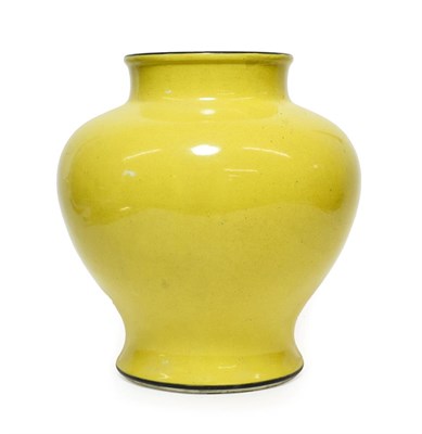 Lot 120 - A Chinese Yellow Glazed Porcelain Jar, 20th century, of baluster form with bronzed rims, 19.5cm...