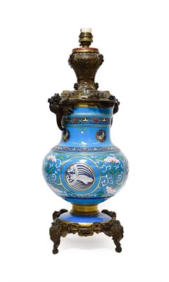 Lot 133 - A Chinese Bronze Mounted Enamel Lamp Base, early 20th century, of baluster form, painted in famille