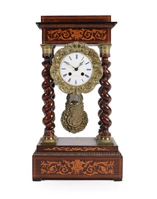 Lot 165 - A Rosewood Inlaid Portico Striking Mantel Clock, signed Troup A Paris, circa 1870, case with floral