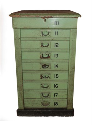 Lot 243 - Railway Interest: A Late 19th/Early 20th Century LNWR Green Painted Pine Chest, the moulded top...