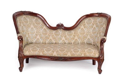 Lot 247 - A Victorian Style Mahogany Child's Two-Seater Sofa, 20th century, upholstered in gold and blue...