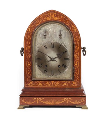 Lot 251 - A Mahogany Inlaid Quarter Striking Table Clock, circa 1890, arch pediment, side carrying...