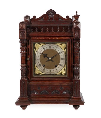 Lot 264 - An Oak Quarter Striking Table Clock, circa 1890, top balustrade pediment, turned side columns,...