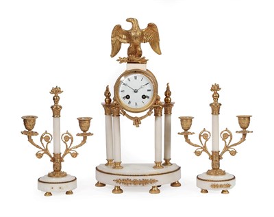 Lot 266 - A White Marble and Gilt Metal Mounted Striking Portico Mantel Clock Garniture, early 20th...