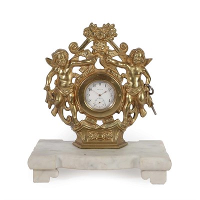 Lot 268 - A Gilt Metal Desk Timepiece, early 20th century, gilt metal cast cherub case, marble base,...