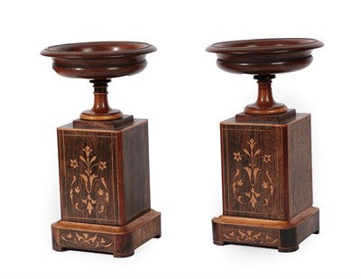 Lot 281 - A Pair of Regency Style Rosewood and Marquetry Urns, of campana form centred by roundels, on...