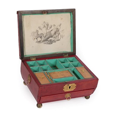 Lot 287 - A Regency Red Morocco Workbox, of sarcophagus form with stamped brass handles, escutcheons and...