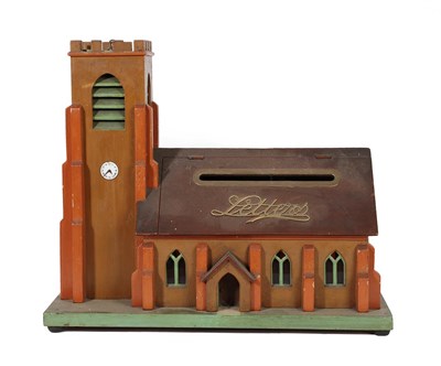 Lot 312 - A Painted and Stained Wood Letter Box/Stationery Box, early 20th century, modelled as a church, the