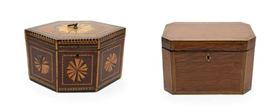 Lot 363 - A George III Mahogany, Ebony and Parquetry Tea Caddy, of lozenge shape, decorated with oval paterae