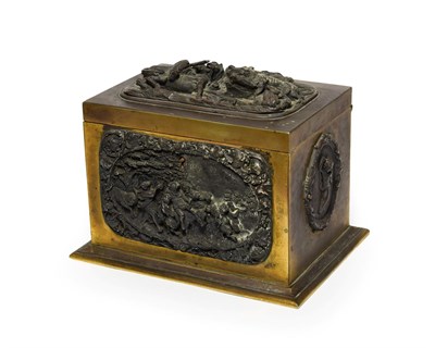 Lot 366 - A Bronze Mounted Brass Jewellery Box, 19th century, of rectangular form set with panels cast in...