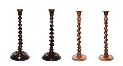 Lot 376 - A Pair of Victorian Turned Wood Candlesticks, with urn sconces, barleytwist columns and turned...