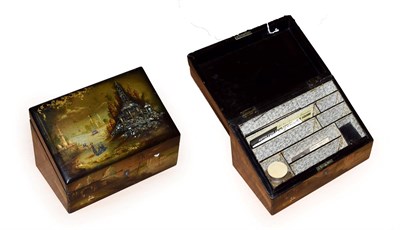 Lot 394 - A Victorian Papier Mâché Stationary Box, of rectangular form, the sloping cover and sides...