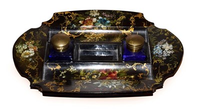 Lot 395 - A Victorian Papier Mâché Inkstand, by Jennens and Bettridge, of shaped rectangular form, and...