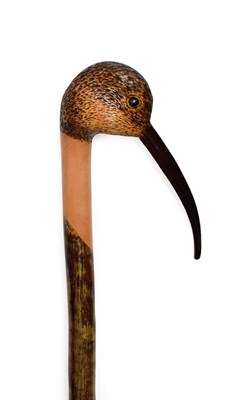 Lot 401 - An Ian Taylor Curlew Walking Cane, the handle naturalistically carved and decorated as the...