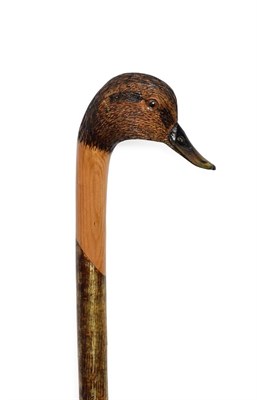 Lot 404 - An Ian Taylor Mallard Walking Cane, the handle naturalistically carved and decorated as the...