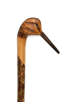 Lot 405 - An Ian Taylor Snipe Walking Cane, the handle naturalistically carved and decorated as the head,...