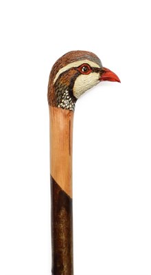 Lot 407 - An Ian Taylor Red-Legged Partridge Walking Cane, the handle naturalistically carved and...