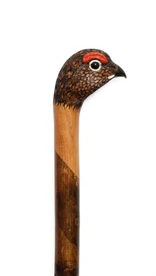 Lot 408 - An Ian Taylor Grouse Walking Cane, the handle naturalistically carved and decorated as the...