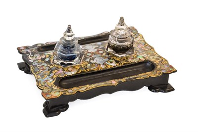 Lot 411 - A Victorian Papier Mache Desk Standish, of ogee rectangular form with two hexagonal ink bottles and