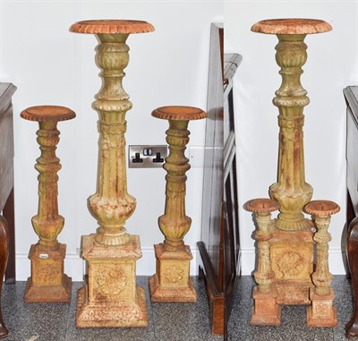 Lot 419 - A Graduated Set of Six Cast Iron Pricket Candlesticks, late 19th century, with urn shaped...