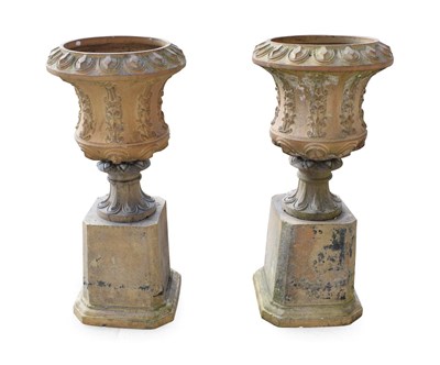 Lot 421 - A Pair of Early Victorian Terracotta Campana Urns on Stands, circa 1842, cast with formal...